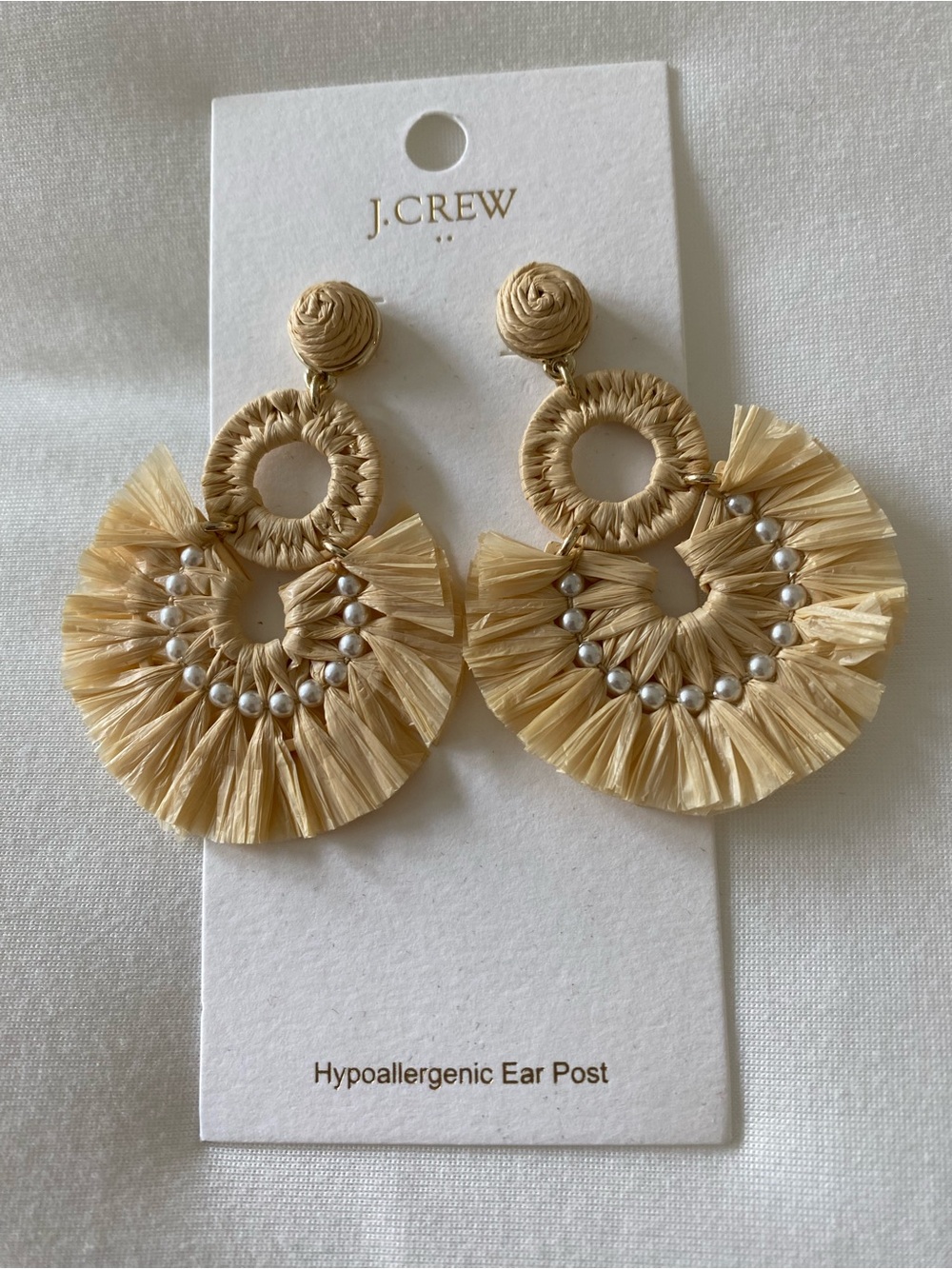 J. Crew Cream Raffia Fan Drop Earrings with Pearl Accents